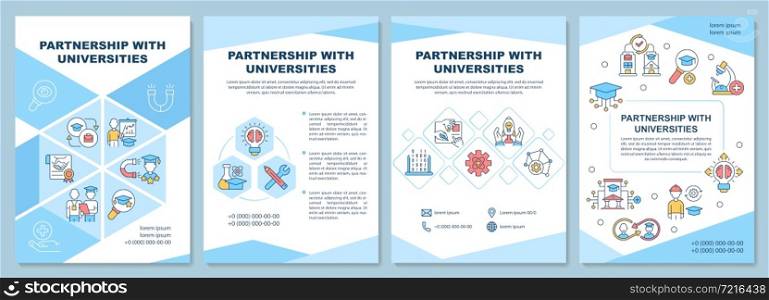 Partnership with universities brochure template. Career opportunity. Flyer, booklet, leaflet print, cover design with linear icons. Vector layouts for presentation, annual reports, advertisement pages. Partnership with universities brochure template