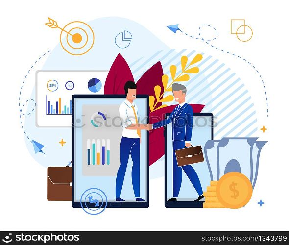 Partnerships in Investment Fund Cartoon Flat. Cooperation Between Participants Corporate Organization. Men Agree on Parnetcy on Background Electronic Devices. Vector Illustration.