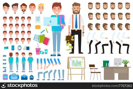 Parts of bodies, table, board, student s items, education tools, clothing, hands, legs, types of faces, emotions, accessories. Student with handbag and laptop. Business guy with case full of money. Student with handbag and laptop, business guy with case full of money, collection of items