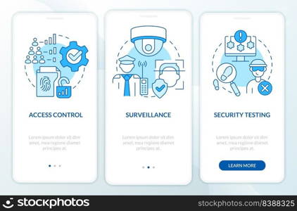 Parts of physical security blue onboarding mobile app screen. Safety walkthrough 3 steps editable graphic instructions with linear concepts. UI, UX, GUI template. Myriad Pro-Bold, Regular fonts used. Parts of physical security blue onboarding mobile app screen