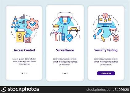 Parts of physical security onboarding mobile app screen. Protection walkthrough 3 steps editable graphic instructions with linear concepts. UI, UX, GUI template. Myriad Pro-Bold, Regular fonts used. Parts of physical security onboarding mobile app screen