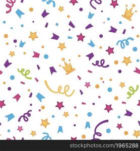 Party and celebration of special event. Confetti and serpentine with ribbons, stars and crowns. Glitter and shining. Seamless pattern, background or print, decorative wrapping, vector in flat style. Colored confetti, party and celebration pattern