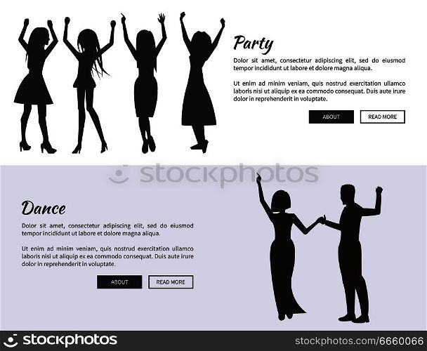 Party and dance posters with colleagues dancing, having fun and having drinks black silhouettes. Vector illustration with coworkers on white background. Party and Dance Posters with Colleagues Dancing