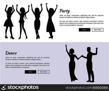 Party and dance posters with colleagues dancing, having fun and having drinks black silhouettes. Vector illustration with coworkers on white background. Party and Dance Posters with Colleagues Dancing