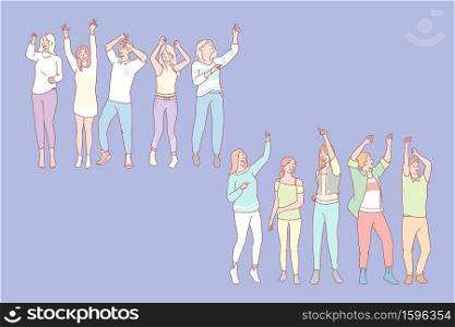 Party animal concept. Set of men and women dancers. Illustration of men and women students dancers. Collection of young boys and girls teenagers dancing at disco party. Simple flat vector. Set of men and women dancers