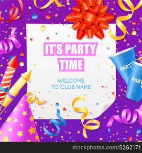 Party Announcement Invitation Festive Colorful Template . Club party announcement invitation colorful poster card template with confetti and festive decorations on purple background vector illustration
