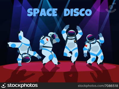 Party astronauts. Retro dancing spaceman, disco entertainment poster with pop art cosmonaut. Vector cartoon retro arts musical vintage banner. Party astronauts. Retro dancing spaceman, disco entertainment poster with pop art cosmonaut. Vector cartoon vintage banner