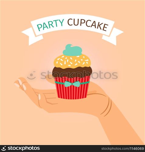 Party banner with hand holding cupcake, vector illustration. Party banner with hand holding cupcake