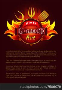 Party barbeque grill leaflet tools for grilling, fork and paddle, spatula and flame sparkles. Vector poster burning badge, text sample. Bbq container with coals. Party Barbeque Grill Leaflet Tools Fork and Paddle