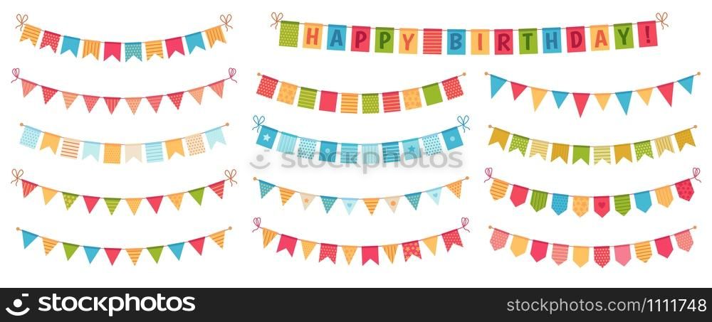 Party bunting. Color paper triangular flags collected and draped in garlands, happy birthday buntings. Party celebration bunting, fabric festive flag. Cartoon isolated vector icons set. Party bunting. Color paper triangular flags collected and draped in garlands, happy birthday buntings cartoon vector set