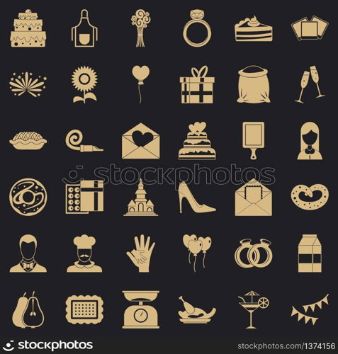 Party cake icons set. Simple style of 36 party cake vector icons for web for any design. Party cake icons set, simple style