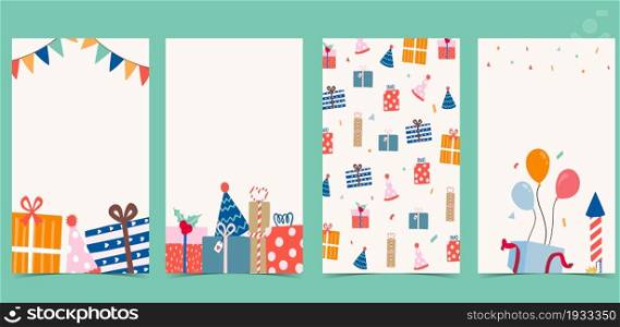 party card collection with gift box, balloon, ribbon, confetti.Vector illustration for poster,postcard,banner,cover