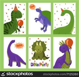 Party cards with cartoon dinosaurs. Design element for t-shirt, kids apparel, poster, nursery or etc. Vector illustration.. Set of Party cards with cartoon dinosaurs.