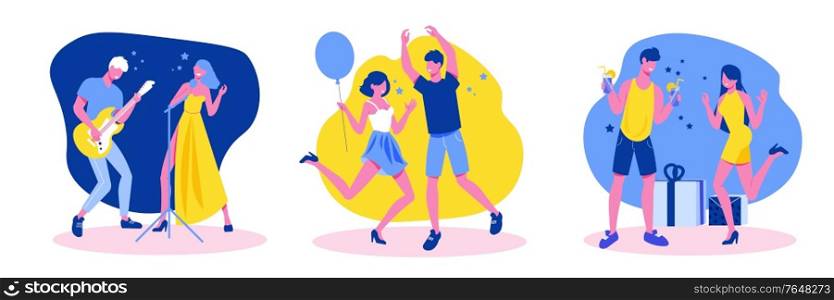 Party celebration 3 flat trendy compositions with presents balloons dancing singing playing guitar young couples vector illustration