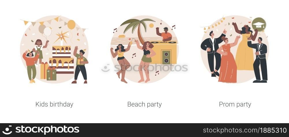 Party celebration abstract concept vector illustration set. Kids birthday, beach and prom party, having fun, open air summer event, graduation school ball dance floor, vacation abstract metaphor.. Party celebration abstract concept vector illustrations.