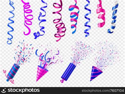 Party celebration event festive accessory realistic hanging serpentine cone popper set transparent background isolated vector illustration