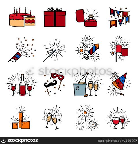 Party celebration fireworks engagement icons set. Vector illustration. Party celebration fireworks ehgagement icons set