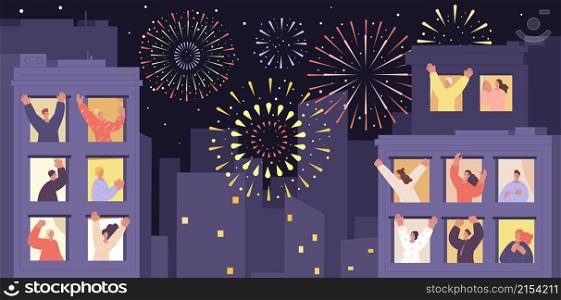 Party celebration from home. Holiday city night, people standing in windows and balcony. Neighbors look fireworks from apartments vector scene. Illustration of night celebration party from city window. Party celebration from home. Holiday city night, people standing in windows and balcony. Neighbors look fireworks from apartments utter vector scene