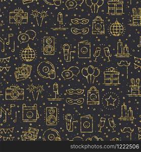 Party celebration gold seamless pattern. Birthday holidays event carnival festive. Party decor elements thin icons. Colorful vector illustration. Line background. Texture. Party celebration gold seamless pattern. Birthday, holidays, event, carnival festive. Party decor elements thin icons. Colorful vector illustration. Line background. Texture.