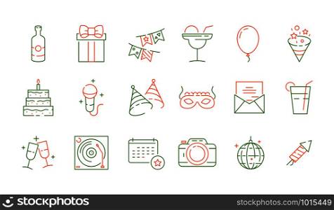 Party celebration icons. Fun events birthday games symbols fireworks food balloons entertainment vector pictures set. Illustration of birthday party and celebration entertainment. Party celebration icons. Fun events birthday games symbols fireworks food balloons entertainment vector pictures set
