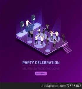 Party celebration isometric background with editable text read more button and view of dancefloor with dj vector illustration