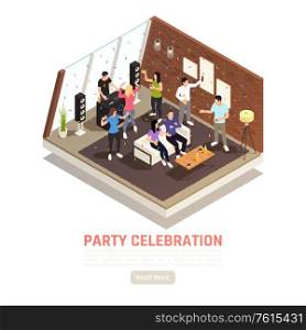 Party celebration isometric background with indoor view of house party with dancing people button and text vector illustration