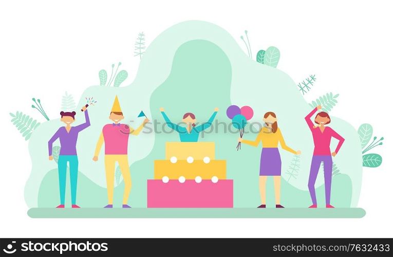Party celebration of birthday, friends making surprise. Man and woman with festive mood and smiles on faces, confetti and decoration, big cake. Vector illustration in flat cartoon style. Birthday Party Surprise, Celebration and Party