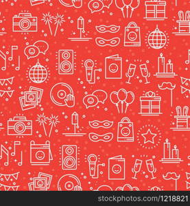 Party celebration seamless pattern. Birthday, holidays, event, carnival festive. Party decor elements thin icons. Vector illustration. Line background. Texture. Mask gifts cake cocktail firework