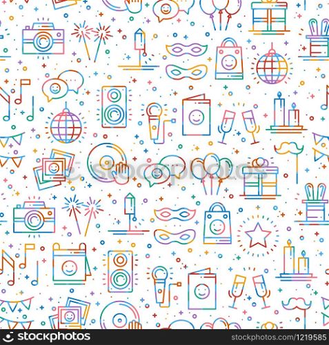 Party celebration seamless pattern. Birthday holidays event carnival festive. Party decor elements thin icons. Colorful vector illustration. Line background. Texture. Mask gifts cake cocktail firework. Party celebration seamless pattern. Birthday, holidays, event, carnival festive. Party decor elements thin icons. Colorful vector illustration. Line background. Texture. Mask gifts cake cocktail firework