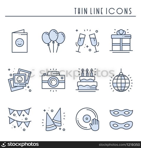 Party celebration thin line icons set. Birthday, holidays, event, carnival festive. Basic party elements icons collection. Vector simple linear design. Illustration. Symbols. Mask gifts cake. Party celebration thin line icons set. Birthday, holidays, event, carnival festive. Basic party elements icons collection. Vector simple linear design. Illustration. Symbols. Mask gifts cake cocktail
