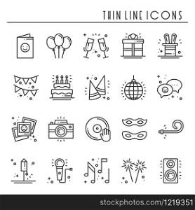 Party celebration thin line icons set. Birthday, holidays, event, carnival festive. Basic party elements icons collection. Vector simple linear design. Illustration. Symbols. Mask gifts cake. Party celebration thin line icons set. Birthday, holidays, event, carnival festive. Basic party elements icons collection. Vector simple linear design. Illustration. Symbols. Mask gifts cake firework