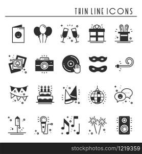 Party celebration thin line icons set. Birthday, holidays, event, carnival festive. Basic party elements icons collection. Vector simple linear design. Illustration. Symbols. Mask gifts cake