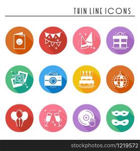 Party celebration thin line icons set. Birthday, holidays, event, carnival festive. Basic party elements icons collection. Vector simple linear design. Illustration. Symbols. Mask gifts cake. Party celebration thin line icons set. Birthday, holidays, event, carnival festive. Basic party elements icons collection. Vector simple silhouette linear design. Illustration. Symbols. Mask gifts cake