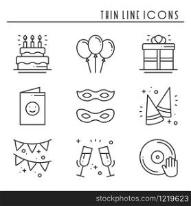 Party celebration thin line icons set. Birthday, holidays, event, carnival festive. Basic party elements icons collection. Vector simple linear design. Illustration. Symbols. Mask gifts cake. Party celebration thin line icons set. Birthday, holidays, event, carnival festive. Basic party elements icons collection. Vector simple linear design. Illustration. Symbols. Mask gifts cake cocktail