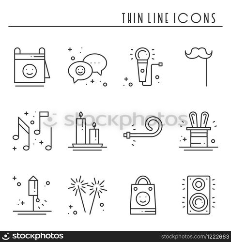 Party celebration thin line icons set. Birthday, holidays, event, carnival festive. Basic party elements icons collection. Vector simple linear design. Illustration. Symbols. Mask gifts cake. Party celebration thin line icons set. Birthday, holidays, event, carnival festive. Basic party elements icons collection. Vector simple linear design. Illustration. Symbols. Mask gifts cake firework