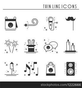 Party celebration thin line icons set. Birthday, holidays, event, carnival festive. Basic party elements icons collection. Vector simple linear design. Illustration. Symbols. Mask gifts cake. Party celebration thin line icons set. Birthday, holidays, event, carnival festive. Basic party elements icons collection. Vector simple linear design. Illustration. Symbols. Mask gifts cake firework