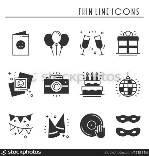 Party celebration thin line icons set. Birthday, holidays, event, carnival festive. Party elements icons collection. Vector silhouette linear design. Illustration. Symbols. Mask gifts cake. Party celebration thin line icons set. Birthday, holidays, event, carnival festive. Party elements icons collection. Vector silhouette linear design. Illustration. Symbols. Mask gifts cake firework