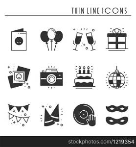 Party celebration thin line icons set. Birthday, holidays, event, carnival festive. Party elements icons collection. Vector silhouette linear design. Illustration. Symbols. Mask gifts cake. Party celebration thin line icons set. Birthday, holidays, event, carnival festive. Party elements icons collection. Vector silhouette linear design. Illustration. Symbols. Mask gifts cake firework