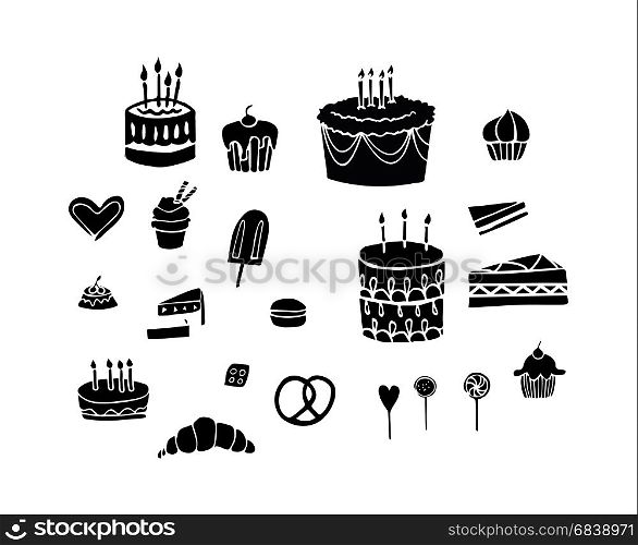 Party Collection in Black Isolated on White Background for Web, Illustration, Banner, Invitation, Flier, Poster, Gift or Post Card. Set of Birthday Cakes, Candy and Pastry in Vector Icon Silhouettes