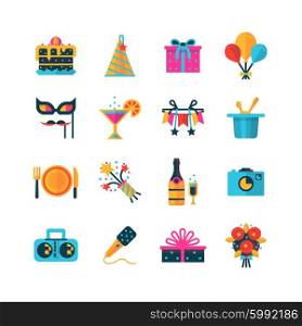 Party Color Icons Set. Flat color party icons set with gift box bouquet balloons and bottle of champagne isolated vector illustration