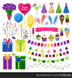 Party colorful icons set vector illustration. Gift boxes partu hats, bounting flags and sweet cupcakes. Party colorful icons set