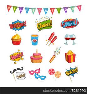Party Comic Elements Set. Party comic elements set with fireworks and cake flat isolated vector illustration