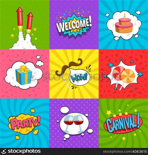 Party comic labels set with fun symbols flat isolated vector illustration. Party Labels Set