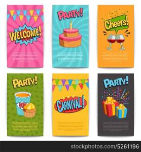Party Comic Posters. Party comic posters set with fun symbols flat isolated vector illustartion
