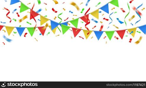 Party confetti and color flags. Celebration decorative paper streamers, birthday party banner confetti explosion and fiesta festive bunting template isolated vector carnival garland illustration. Party confetti and color flags. Celebration decorative paper streamers, birthday party banner confetti explosion and festive bunting template isolated vector illustration