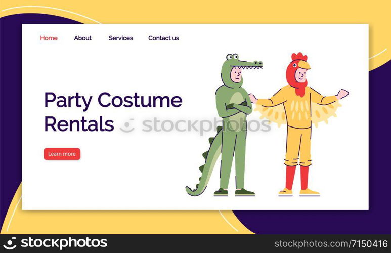 Party costume rental landing page vector template. Holiday clothing website interface idea with flat illustrations. Animal costumes homepage layout. Crocodile and cock suits webpage cartoon concept