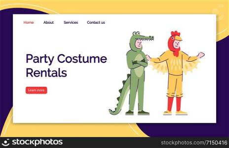 Party costume rental landing page vector template. Holiday clothing website interface idea with flat illustrations. Animal costumes homepage layout. Crocodile and cock suits webpage cartoon concept