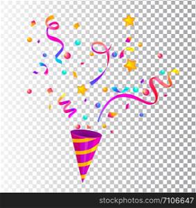 Party cracker with confetti,serpentine sparkles for congratulations,celebration new year,birthday,anniversary,greetings,evening parties.Fun exploding template isolated on transparent background.Vector. Party cracker with confetti,serpentine sparkles.