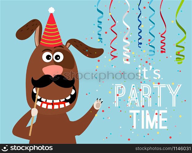 Party dog card. Party time poster with funny dog with mustache and hat, with serpentine and confetti vector illustration. Party dog card
