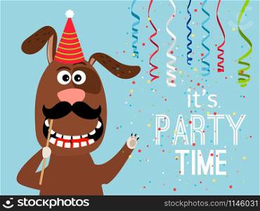 Party dog card. Party time poster with funny dog with mustache and hat, with serpentine and confetti vector illustration. Party dog card
